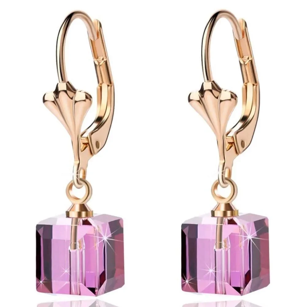 14K Yellow Gold with Purple Amethyst Austrian Crystal Cube Leverback Earrings